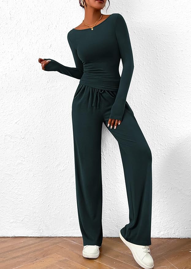 PRETTYGARDEN Women's 2 Piece Lounge Sets Asymmetrical Long Sleeve T Shirt Wide Leg Pants Casual Outfits Tracksuit