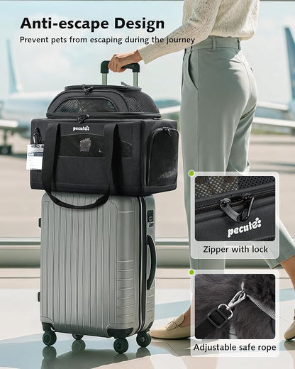 Pecute Top Expandable Airline Approved Pet Carrier for Cats, Dark Gray | Top side expandable, breathable scratch-resistant mesh, leakproof pee pad, locking zippers, foldable travel bag under 11lbs