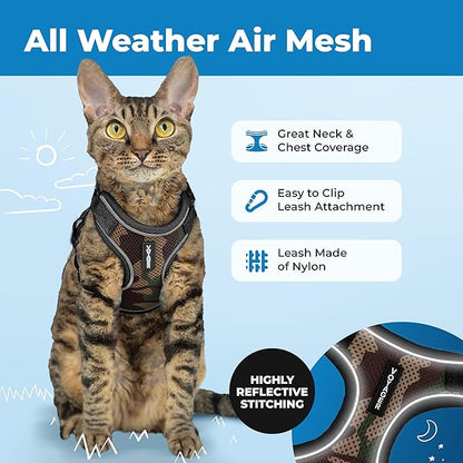 Voyager Escape Proof Cat Harness and Leash Set with Reflective Stitching, Neoprene Handle 5ft - Supports Small, Medium and Large Cats, Kittens for Walking by Best Pet Supplies - Army, XXXS