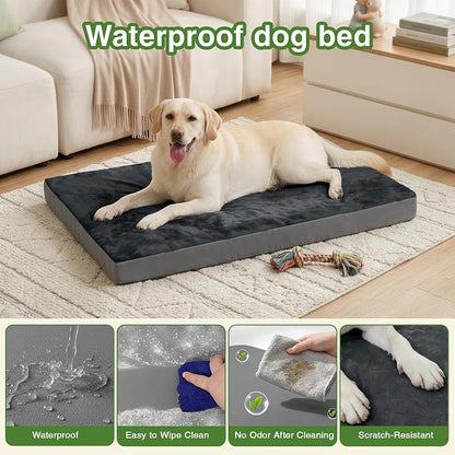 Waterproof XXL Dog Bed, Outdoor Washable Orthopedic Large Crate Pad 48" | Jumbo Pet Bed Foam, Reversible Faux Leather & Flannel, Durable Removable Cover, Anti-Slip Kennel Pad 47"x29" Dark Gray