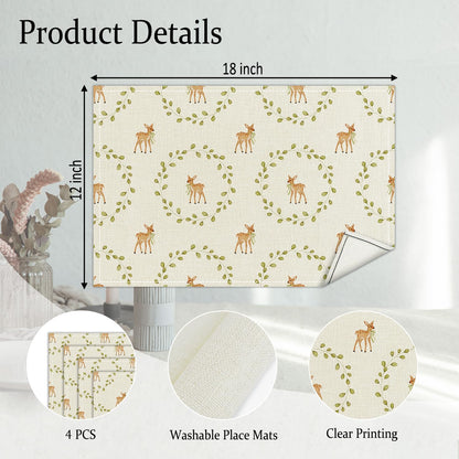 Fawn Themed Placemats Set of 4, Green Leaf Table Mat for Home Kitchen, Restaurants, Outdoor Linen Washable Place Mats 12x18 inch Party Event Dining Decoration-10