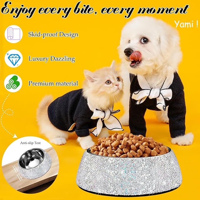 SlowVibes Bling Stainless Steel Dog Cat Bowl, Detachable, 7 oz | Rhinestone metal food or water bowl for small dogs and cats, rust-resistant non-slip puppy dish, sparkle pet essential