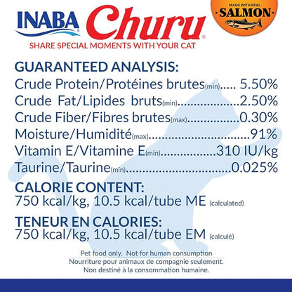 INABA Salmon Churu Cat Treats, Lickable, Squeezable Creamy Purée Cat Treat with Green Tea Extract & Taurine, 0.5 Ounces Each Tube, 60 Tubes, Salmon Variety Box