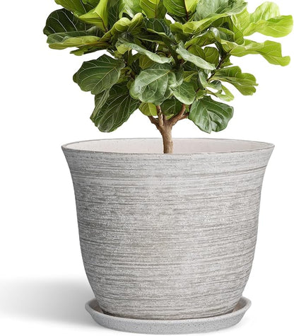 Ceramic Planter - 12 Inch Plant Pot with Drainage Hole and Saucer, Round Large Plant Pots for Indoor Outdoor, Modern Decorative Flower Pots, Garden Room Home Decor, Housewarming Gifts, Grey