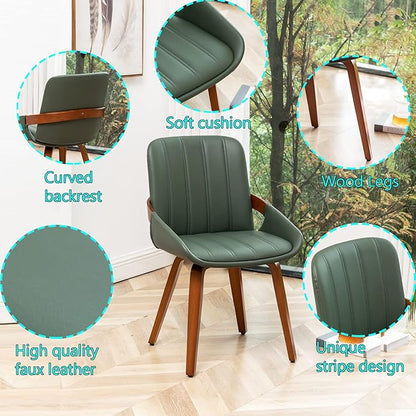 YOUUGIOR Mid Century Modern Faux Leather Upholstered Dining Chairs Set of 2,Armless Accent Chairs with Sturdy Natural Wood Legs,Bamboo Backrest Support for Kitchen&Dining Room Chairs(Green PU)