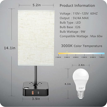 COZOO USB Bedside Dimmable Table Desk Lamp with 2 USB Charging Ports 2 Outlets Power Strip,Black Charger Base Flaxen Fabric Shade, LED Light for Bedroom/Nightstand/Living Room/Dorm/Home Office/College