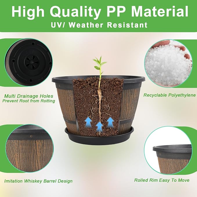 10-inch-Plant-Pots-Indoor-Outdoor, 4 Pack Whiskey Barrel Planters with Drainage Holes & Saucer, Plastic Flower Pots Imitation Wine Barrel Design, Decorative Garden Pots for Plants