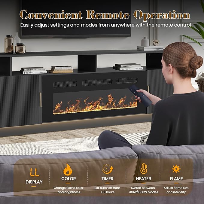 70” Fluted TV Stand with 36” Electric Fireplace, 2 Tier TV Console Cabinet with