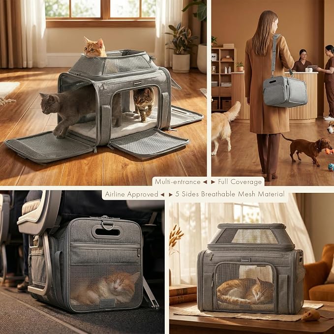 Top-Expandable Pet Carrier with Treat Pet Window,17x11x9.5 Airline Approved | for Alaska Hawaiian,Soft-Sided Dog Carrier, Anti-Scratch Mesh, Lockable Zippers,Cat Carrier for Kitten,Rabbit,Puppy,Grey