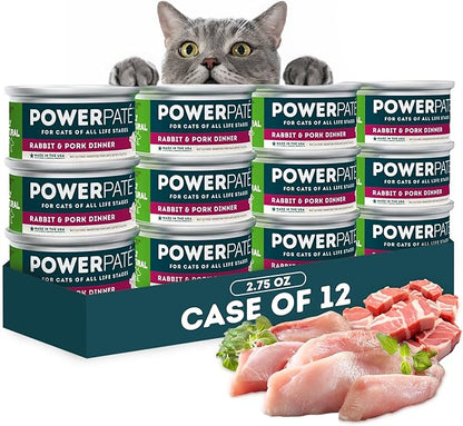 Only Natural Pet PowerPate Grain-Free Rabbit & Pork Wet Cat Food - High Protein, with Hydrating Broth - Healthy Balanced Nutrition for Kittens & Cats of All Life Stages, 2.75 oz Cans, Case of 12 (R)