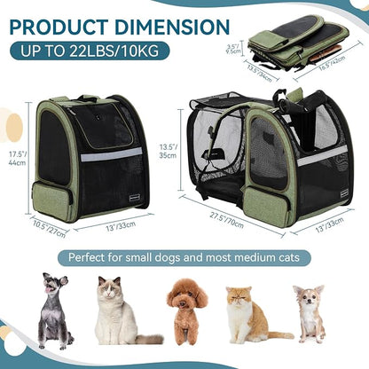 Petsfit Expandable Cat Backpack Carrier for Cats and Small Dogs, 18 lb | 65% expandable rest zone, padded waist belt, airflow back panel, locking zippers, safety tether and washable dual-sided mat.