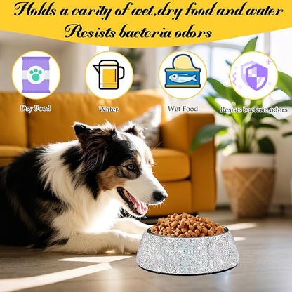 SlowVibes Bling Stainless Steel Dog Cat Bowl, Detachable, 12 oz | Rhinestone metal food or water bowl for small medium dogs and cats, rust-resistant non-slip puppy dish, sparkle pet essential