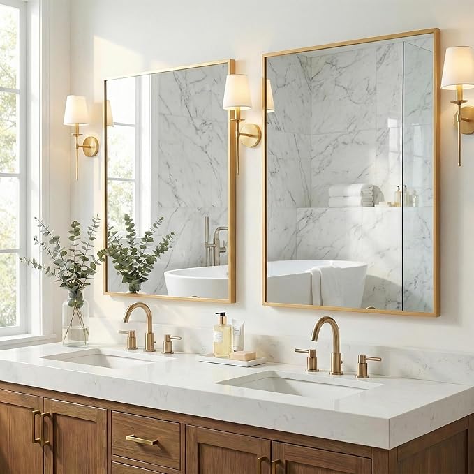 24''x36'' Gold Bathroom Mirror | Antique Brass Deep-Set Recessed Metal Frame |