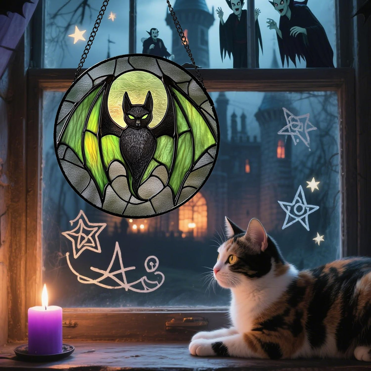 Stained Glass Window Hanging - Halloween Black Bat Green Wings Monster Suncatcher for Doors Garden Home Spooky Sun Catchers Gothic Decor Horror Gift for Women Men Friend Boy Girl 9.8 in