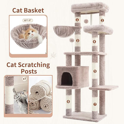 Gitelsnour Cat Tree for Indoor Cats, 55.1 inch Cat Tower with 7 Sisal Scratching Posts, Multi-Level Cat Condo wit Large Play Platform Furry Ball, Cat Cave, 2 Padded Perches, Basket, Mushroom GCT013MU