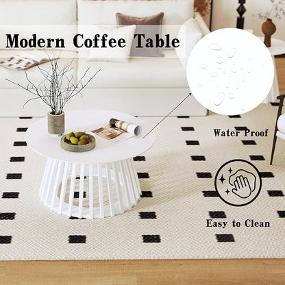 DUOMAY Modern Solid Wood Round Coffee Table with Geometric Base, Sturdy Wood Center Table for Living Room, Lounge, Office, White Color
