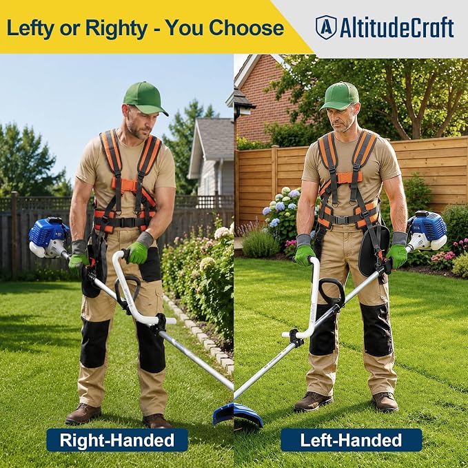 Adjustable Weed Eater Strap, Padded 5-Point Trimmer Harness | Hi-vis orange weed wacker strap harness for string trimmers and brush cutters. Designed for left- or right-handed use.