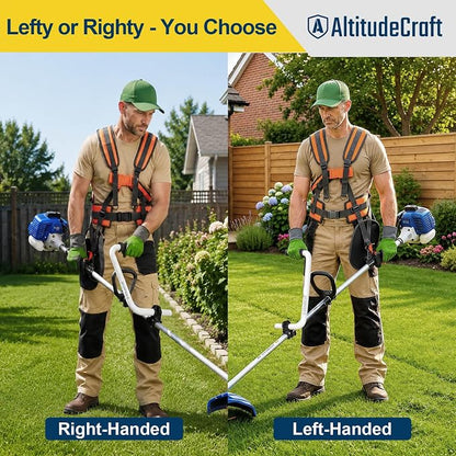 Adjustable Weed Eater Strap, Padded 5-Point Trimmer Harness | Hi-vis orange weed wacker strap harness for string trimmers and brush cutters. Designed for left- or right-handed use.
