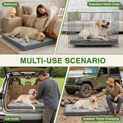 Waterproof XXXL Dog Bed, Outdoor Washable Large Foam Crate Pad 54"Anti-Slip | Jumbo Pet Bed, Reversible Faux Leather & Flannel, Durable Removable Cover, Kennel Pad 53"x36" Gray