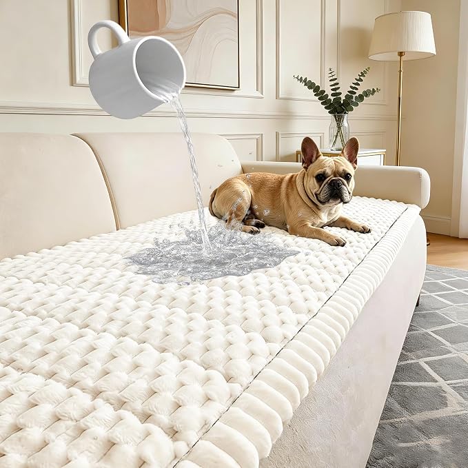Waterproof Couch Cover for Dogs Washable,Nonslip Fuzzy Durable Pet Friendly | Soft Slipcovers for 3 Cushion Sofa Cover,Plush Thick Protector Fits Mat Bed Leather & Fabric Couches (Beige 27.6"x70.9")