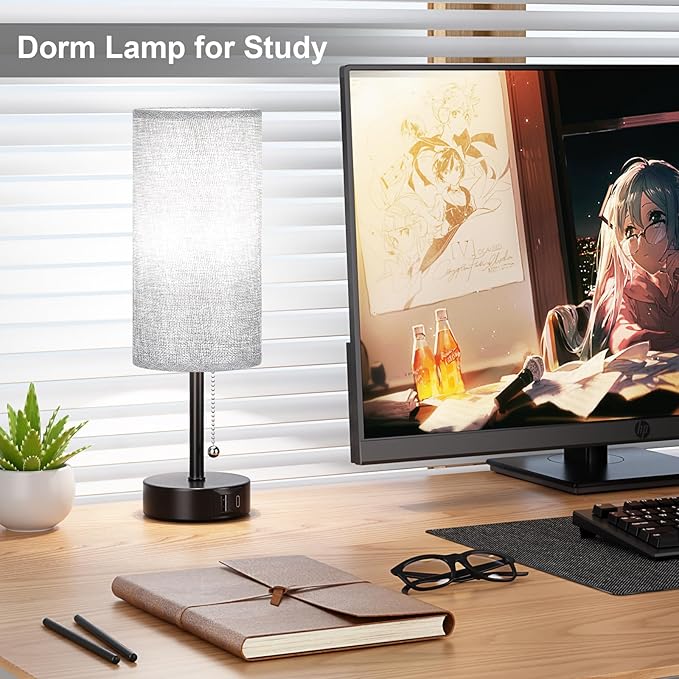 Grey Bedside Lamps for Bedroom Set of 2 - Nightstand Table Lamp with USB A + C Charging Port, 3 Color Temperatures Pull Chain Night Stand Light, Side Table Desk Reading Lamp for Living Room/Dorm Room