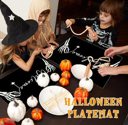 Halloween Skeleton Placemats Set of 4, 12x18 Inch Welcome Decorative Table Mats, Washable Heat Resistant Place Mats for Kitchen Dining Table, Spooky Themed Decoration for Home-B12