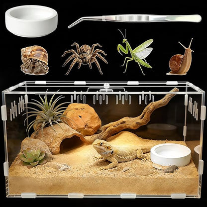 Acrylic Reptile Terrarium, Tarantula Enclosure with Magnetic Door, Easy-Clean Reptile Tank for Spider, Insect, Gecko, Mantis, Frog, Snail, Isopods(Tweezer and Bowl Included)