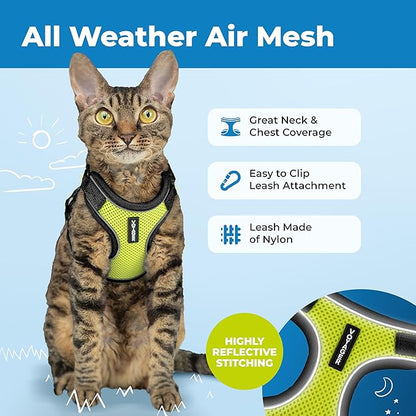 Voyager Escape Proof Cat Harness and Leash Set with Reflective Stitching, Neoprene Handle 5ft - Supports Small, Medium and Large Cats, Kittens for Walking by Best Pet Supplies - Black Trim-Lime, XXS