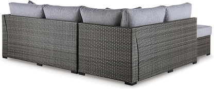 Signature Design by Ashley Petal Road Casual Nuvella Weather Resistant Fabric, Cushioned Outdoor Loveseat Sectional/Ottoman/Table Set with 2 Throw Pillows, Set of 4, Gray