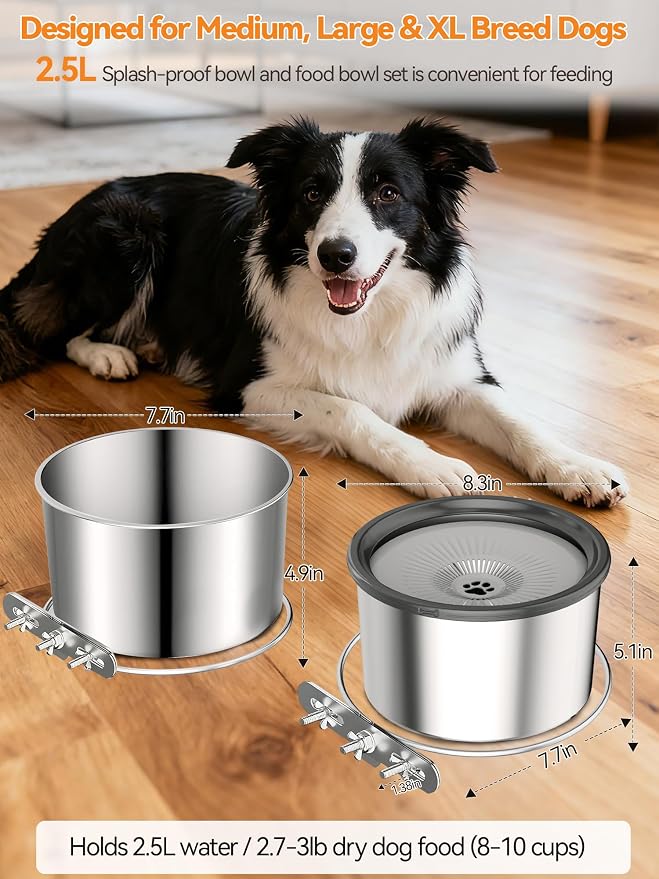 2 Pcs No Spill Dog Water Bowl for Crate, 2.5L Stainless Steel Hanging Kennel Bowls with Adjustable Height, Anti-Splash Water & Food Bowl Set for Cage Kennel Crate, Medium Large Dogs (Grey)