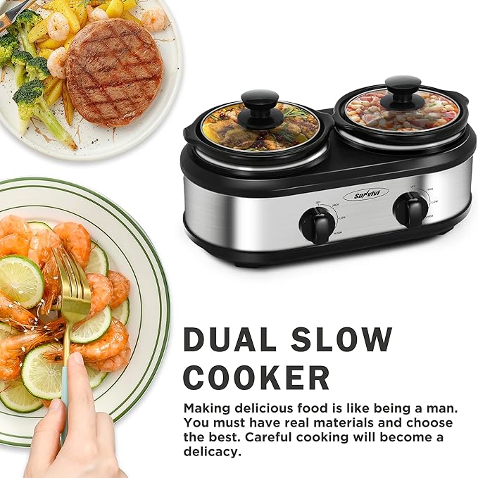 Sunvivi Dual Pot Slow Cooker, 2 Pot Small Mini Crock Buffet Server and Warmer