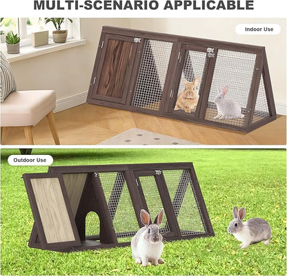 Small Chicken Coop, Rabbit Hutch Outdoor, Wooden Triangle Rabbit Cage with 2 Door & Poultry Run, Portable Bunny Hutch for Chicken, Rabbit, Guinea Pigs, Hedgehog, Small Animals (Rustic Brown)