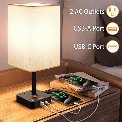 Table Lamp Dimmable cozoo USB Bedside Table Desk Lamp with 2 USB Charging Port(A+C) 2 Outlet,Nightstand Lamp with Charger Base White Fabric Shade,LED Touch Lamp for Bedroom/LivingRoom/Dorm/Home Office