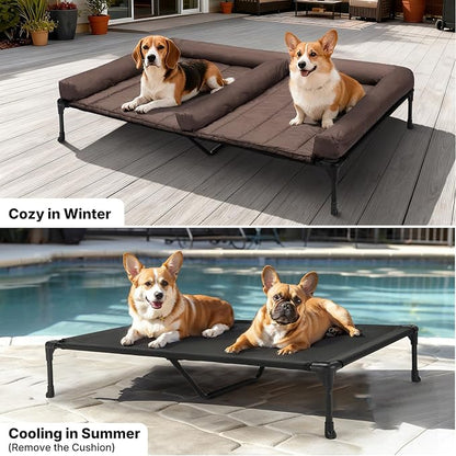 Veehoo Elevated Dog Bed for 2 Dogs, Cooling Raised Dog Bed with Bolster Mat | Outdoor Double Dog Bed with Removable Waterproof Cushion, Breathable Mesh, Non-Slip Feet for Outdoor & Indoor, 49", Brown