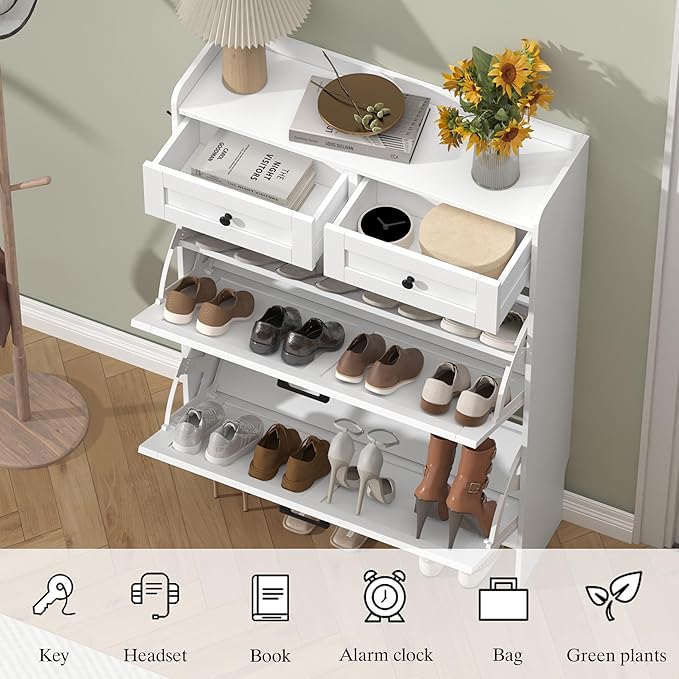 Shoe Cabinet with 2 Flip Drawers & 2 Storage Drawers, Rustic Farmhouse Narrow