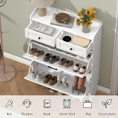 Shoe Cabinet with 2 Flip Drawers & 2 Storage Drawers, Rustic Farmhouse Narrow