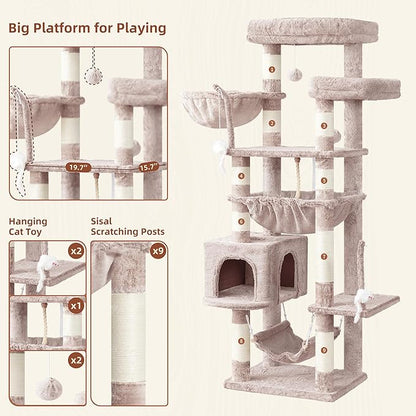 Gitelsnour Cat Tree, Cat Tower for Large Cats with 2 Big Platforms, 2 Baskets, condo and Toys, 63" Cat Scratching Posts for Indoor Cats, Muchroom GCT020MU