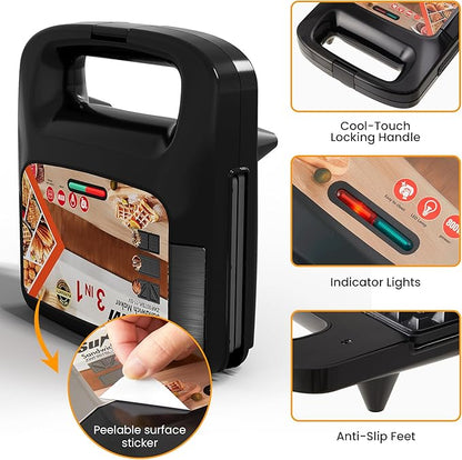 Sunvivi 3 in 1 Electric Sandwich Maker: Panini Press Grill and Waffle Iron Set