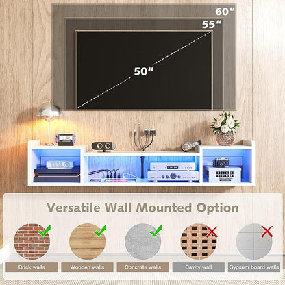 55.1"W Floating TV Stand with LED Lights & Power Outlets