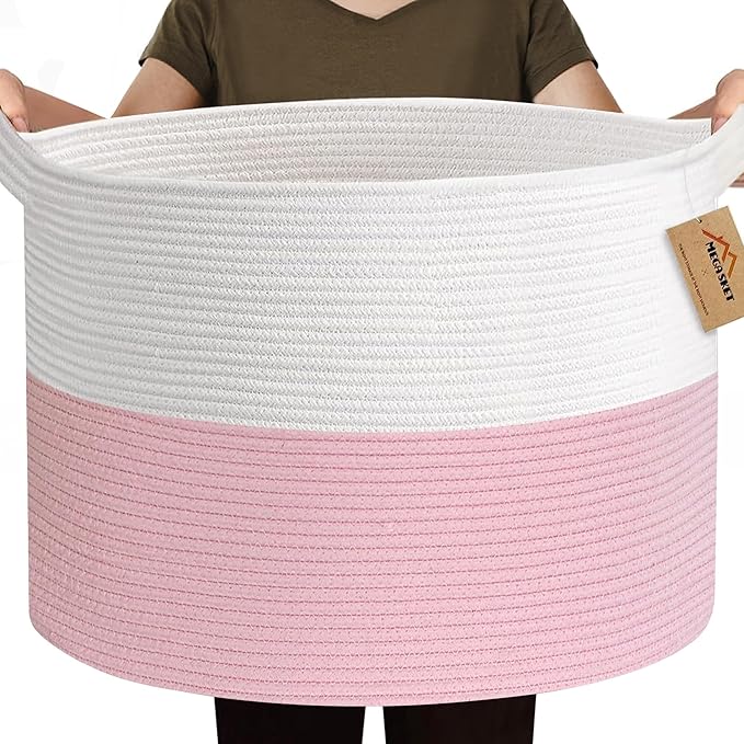 115L Pink Basket for Organizing, 23.6“x15.7" XXXL Blanket Storage for Living Room, Extra Large Toy Box, Soft Woven Cotton Rope Bin, Decorative Baby Nursery Basket, Girls Pink Room Decor