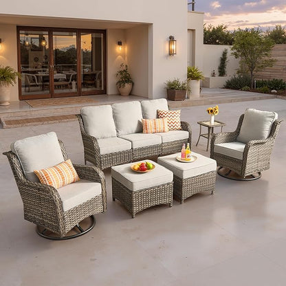 ovios 6 Pieces Patio Furniture Set, Outdoor Wicker Sofa Couch with Swivel Chairs Ottomans Comfy Cushions, High Back Modern All Weather Conversation Sets, Grey Rattan, Grey