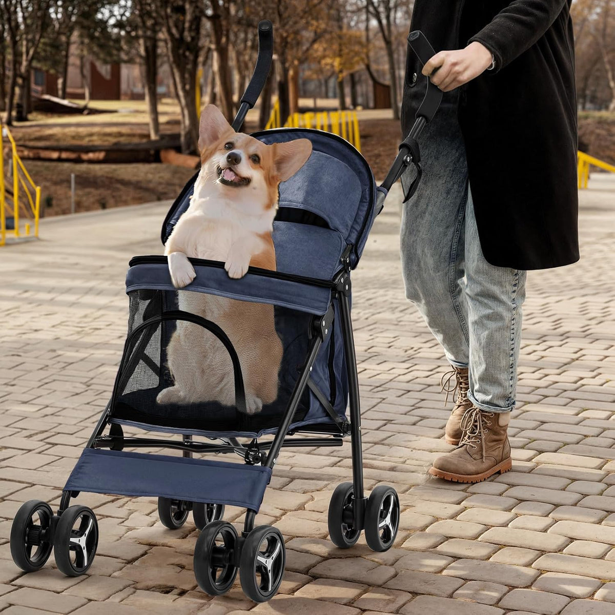 MoNiBloom 4 Wheels Pet Stroller, Easy-Fold Puppy Cage Jogger Stroller with Sun Cover, Pad and Rear Storage Bag, Breathable and Visible Mesh for Small/Medium Pets up to 22 lbs, Navy Blue