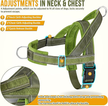 SlowTon No Pull Dog Harness with Front Clip - Heavy Duty, Soft Padded | Neck & Chest Adjustable, Tactical Pet Vest and Leash Set for Large Medium Sized Dogs, for Easy Walk & Training, Green S