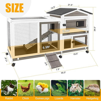 Rabbit Hutch Indoor and Outdoor 2-Story Rabbit Cage with Pull Out Tray,Fir Wood Pet House with Wooden Ramp,Waterproof Bunny Cage Indoor with 2 Asphalt Roofs,Grey (55.3" L x 21.5" W x 34.5" H)