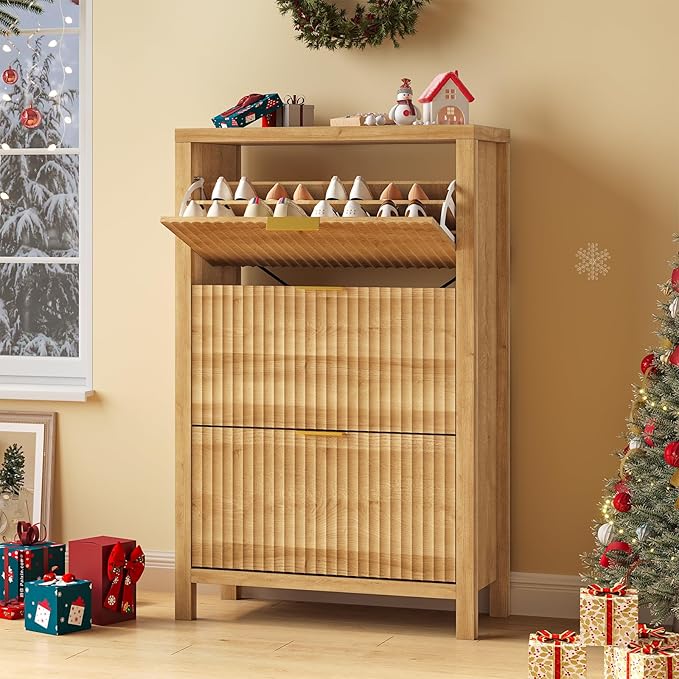 Shoe Cabinet Storage for Entryway, Fluted Shoe Cabinet