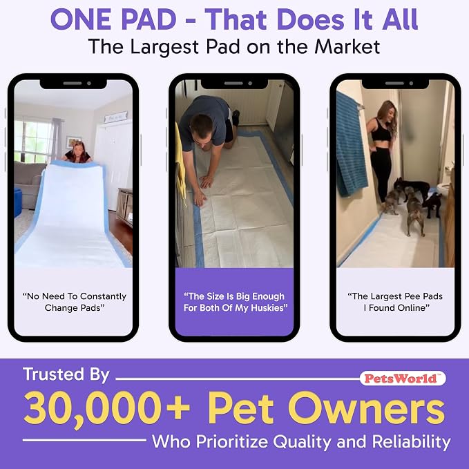 PETSWORLD Mega-Sized Dog Pee Pads (40" x 99") –4XL Gigantic Pet Piddle Pads for Puppy Training, Incontinence–Doggie Absorbent Mat with Adhesive Sticky Tape –Leak Proof, 5-Layer Protection (60 Count)