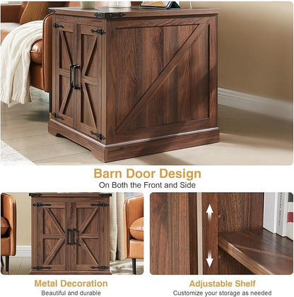 Barnyatoh Farmhouse End Table with Charging Station,Large Side Table with Barn Door, Rustic Wood Square Nightstand Bedside Table with Adjustable Storage Shelf for Living Room, Bedroom,Walnut 2-Pack