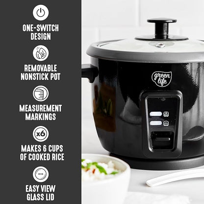 GreenLife Rice Cooker with Removable PFAS-Free Ceramic Nonstick Pot, 3-Cups