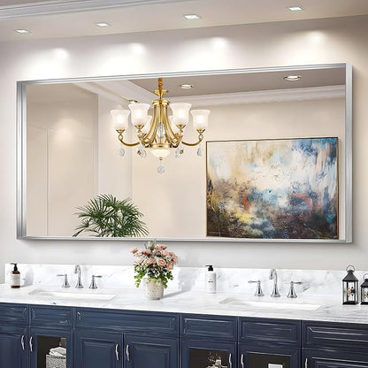 CIRCUMI Silver Bathroom Mirror, Brushed Finish, Tempered Glass, Large Mirror