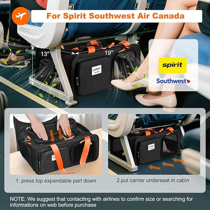 19x13x9 TSA Approved top Expandable pet Carrier for Small Dog Puppy cat up to 10 lbs Weight and 18'' Length, for Southwest Spirit Canada Airlines